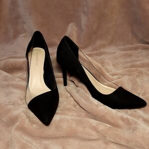 LE CHATEAU Black Suede Clear Side High Heel Pointed Toe Stilettos - Size 8.5